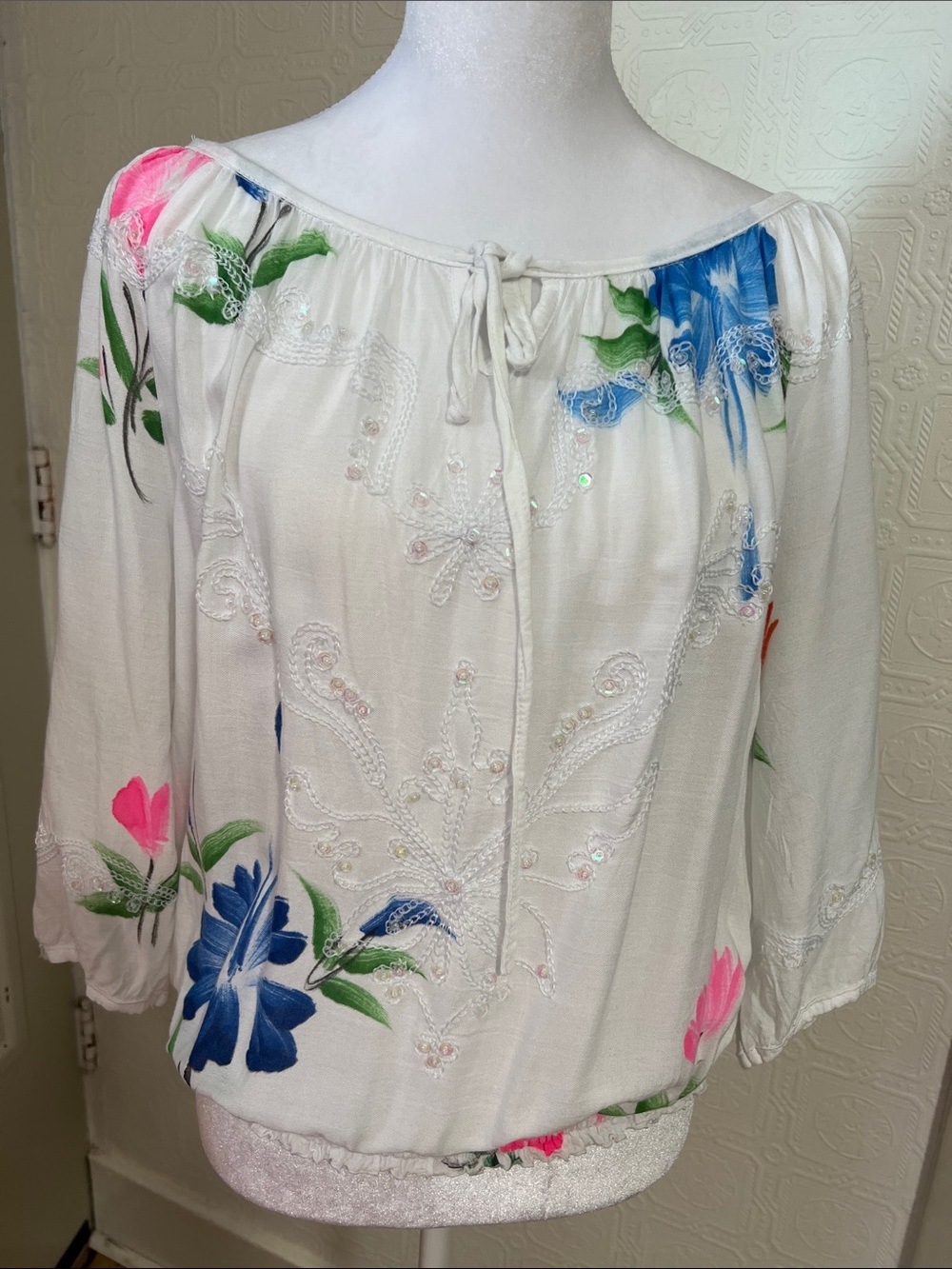 Embroidered White Floral Peasant Blouse - White with Blue & Pink